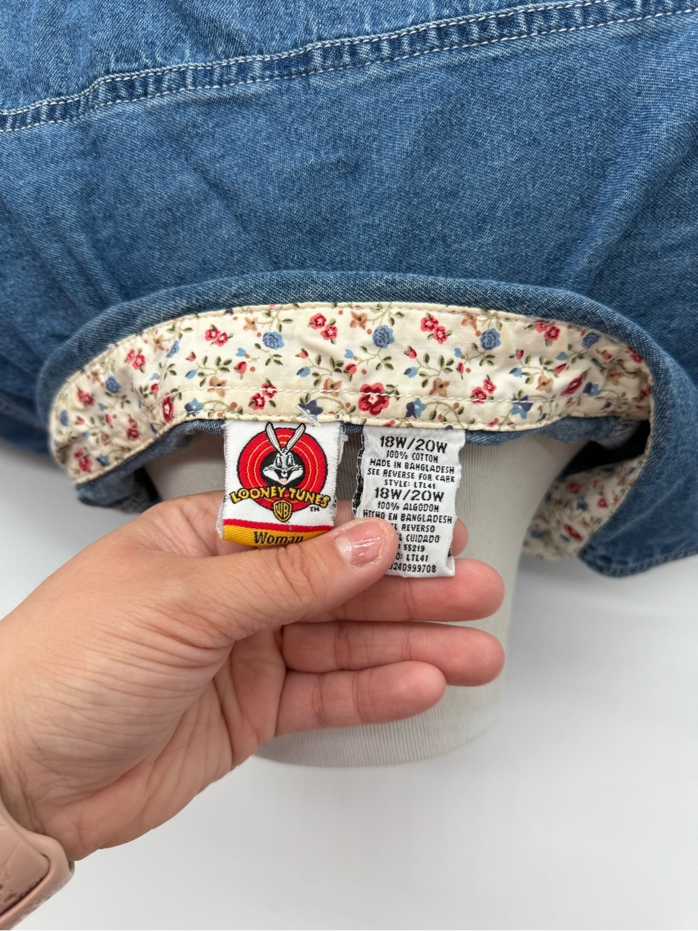 Vintage Y2K Looney Tunes Tweety Bird Denim Shirt Embroidered Naughty Nice 90s 2X - Picture 12 of 16